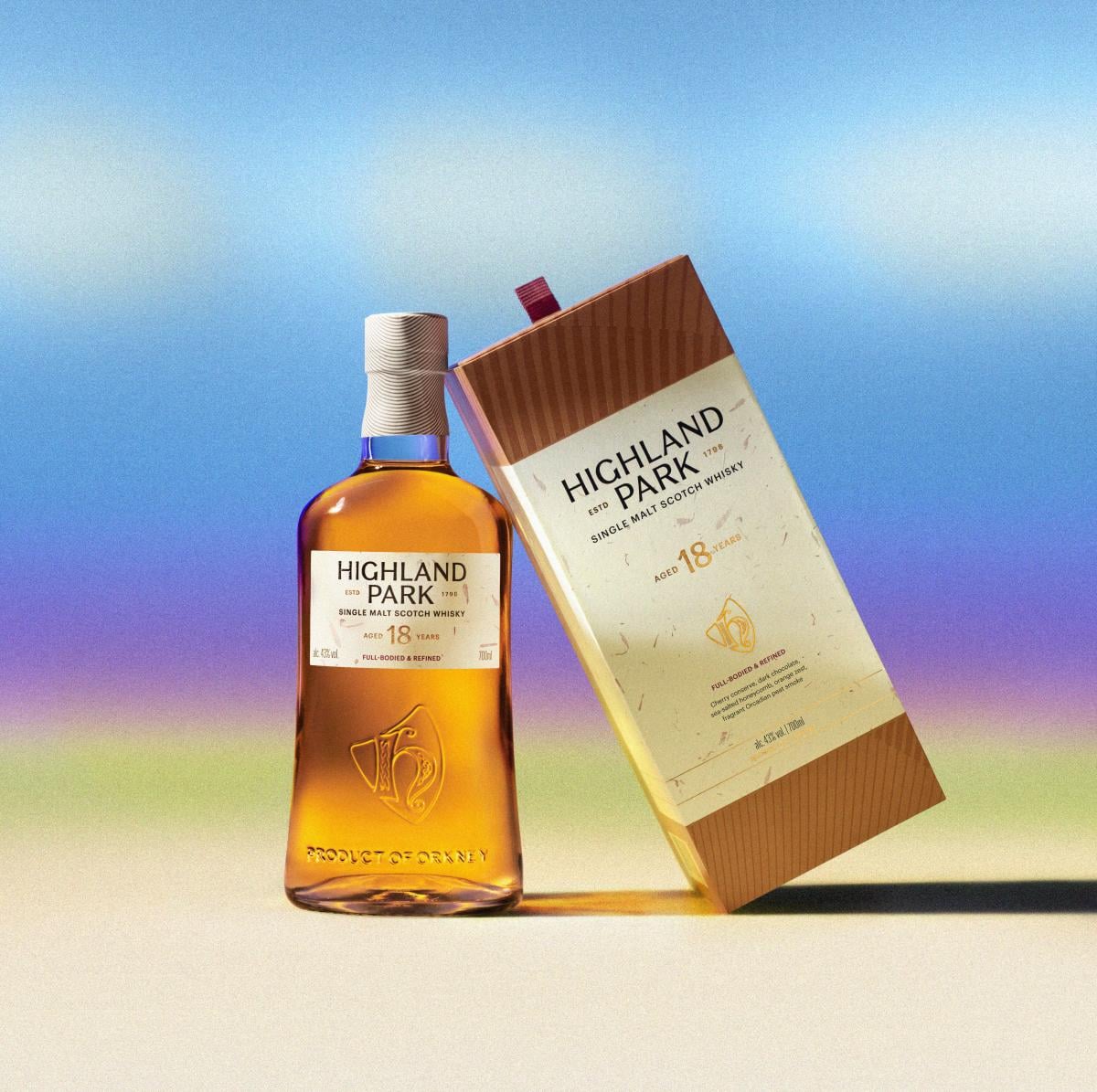Image shows news Highland Park 18 Year Old bottle and outer packaging side by side